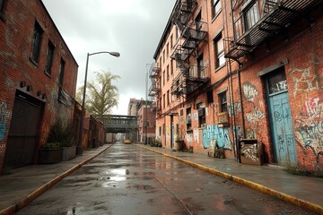 Urban Back Alley with Graffiti-Covered Brick Walls and Empty Concrete Ground Under a Cloudy Sky – Gritty Cityscape Atmosphere