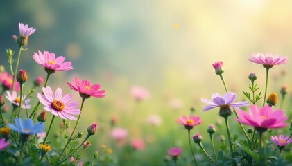 Scattered wildflowers, pastel hues, soft focus, blossom, botanical, simple