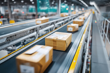 High speed conveyor belt moving packages in sorting center with hope of prompt delivery, bringing smiles to customers