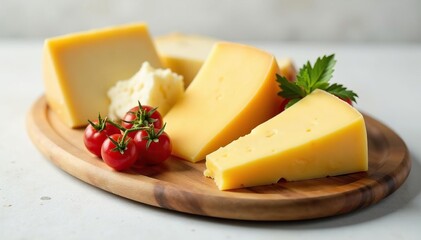 Elegant cheese platter, various cheeses, white backdrop , cracker, closeup, still life