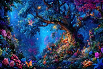 Lanterns and fairy lights illuminate the mystical forest, crafting a mesmerizing and magical environment