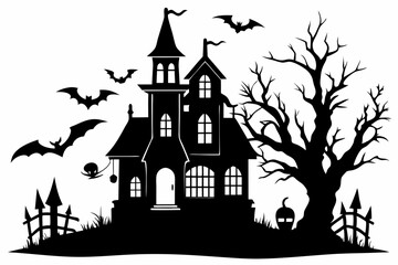 haunted house silhouette line art vector illustration