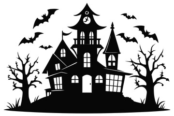 haunted house silhouette line art vector illustration