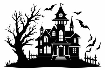 haunted house silhouette line art vector illustration