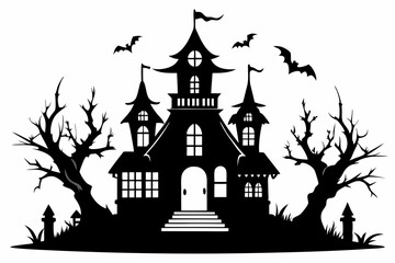 haunted house silhouette line art vector illustration