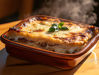 Traditional Italian lasagna, layers visible in cross-section, melted cheese stretch, fresh basil garnish, rustic ceramic dish