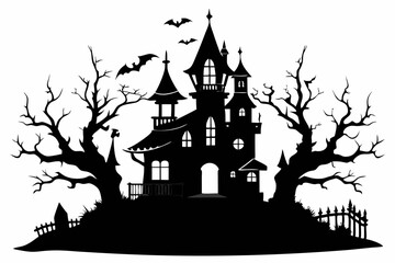 haunted house silhouette line art vector illustration