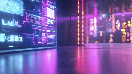 vibrant digital environment showcasing advanced technology and data visualization, illuminated by colorful lights