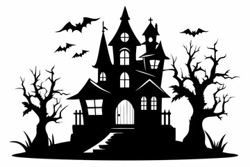 haunted house silhouette line art vector illustration