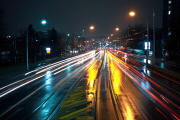 Long exposure shot car light trail wet city street night urban vibrant are displayed in this scene as it feels busy and energized
