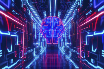 vibrant digital brain concept illuminated by neon lights in futuristic corridor, evoking sense of innovation and technology
