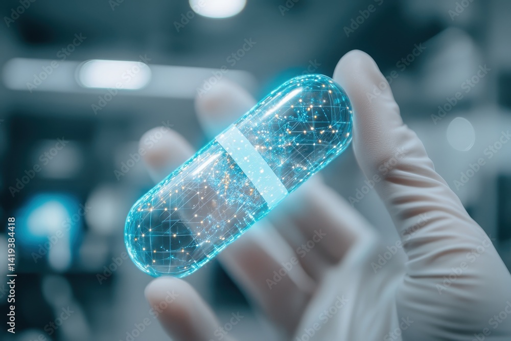 Poster a hand holding a futuristic capsule displaying digital data in a laboratory setting