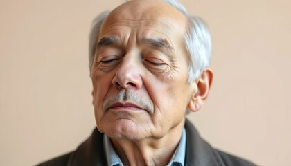 Obraz premium Elderly man reflecting in thought against a neutral background 