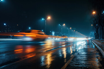 Fototapeta premium Car light trail wet city street captures an energetic blur as cars zoom past reflecting in slick, rain soaked street under city lights, creating dynamic scene