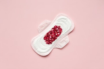 Sanitary pad with red sequins on a pink background.