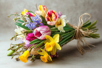 Obraz premium bouquet tulip daffodil colorful spring flower is such cheerful sight, brings feelings of joy and appreciation, making it ideal for any gifting occasion