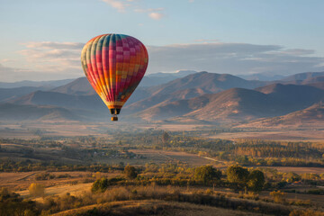 Obraz premium Hot air balloon gently floats over scenic landscape, creating sense of wonder and amazement as it ascends toward sky, an inspiring journey