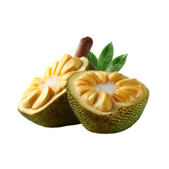 A halved jackfruit with leaves against a black background view