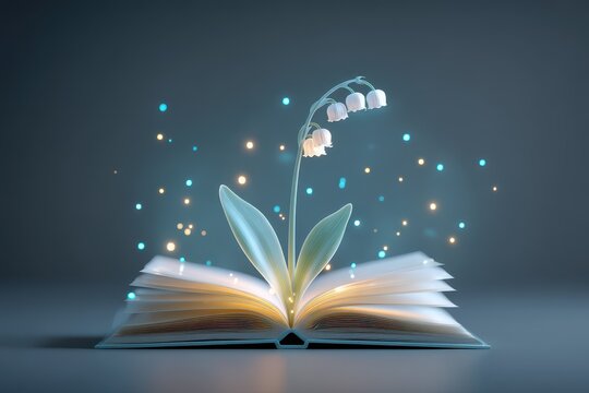 As the covers of a book open wide, resplendent flowers emerge, representing the mystical land of make-believe and tale-spinning, where the written word conjures vivid fantasies