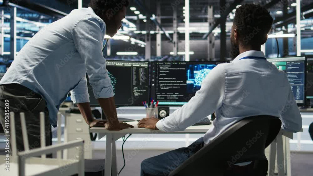 Poster server hub manager checking ai generated data analytics graphs, congratulating worker. data center t