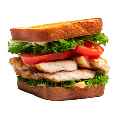 Close up of a stacked chicken sandwich with lettuce and tomato