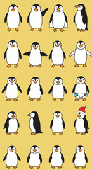 Obraz premium Penguin Cartoon Illustration Seamless Pattern on Yellow Background