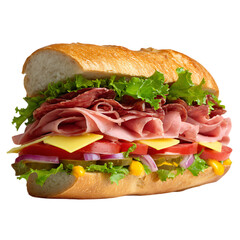 Close up of a fully loaded sandwich with various ingredients