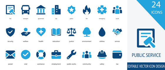Public service icon set. containing security, welfare, health, education, justice, community, safety and more vector illustration.