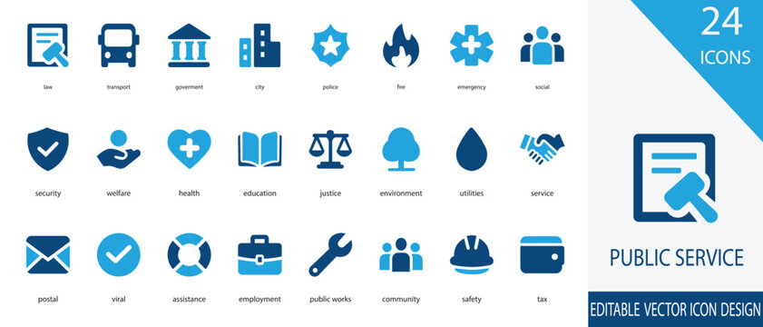 Public service icon set. containing security, welfare, health, education, justice, community, safety and more vector illustration.