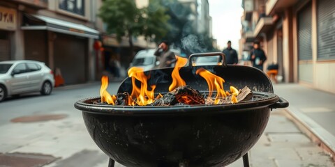 Street barbecue with vibrant flames in a city setting.