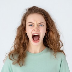 Young woman screaming in anger closeup indoor setting emotional expression intense mood