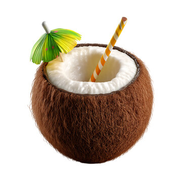 A coconut drink with a straw and umbrella on a black background