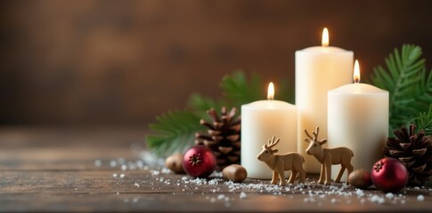 White candles, reindeer figurines, pine cones, wooden backdrop, copy space , candle, mockup, pine cone