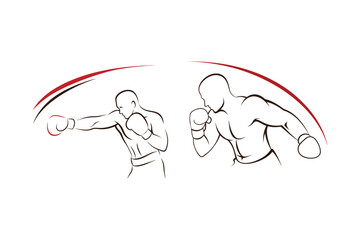 Minimalist boxer silhouettes striking and defending with red accent lines for dynamic design