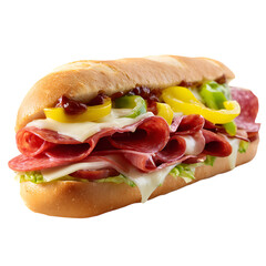 A long sandwich with salami cheese and peppers on a black background