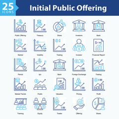 Initial Public Offering is a collection of icons in sheet format showcasing stock market activity, corporate funding, and capital growth in modern business.