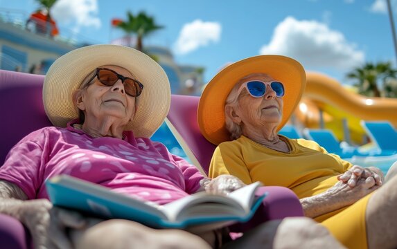 Two Elderly Women Relaxing Poolside, Enjoying a Peaceful Summer Day ,aquapark photo series