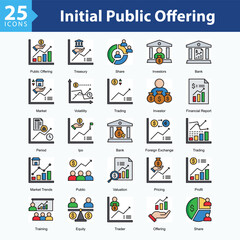 Initial Public Offering is a collection of icons in sheet format showcasing stock market activity, corporate funding, and capital growth in modern business.
