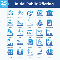 Initial Public Offering is a collection of icons in sheet format showcasing stock market activity, corporate funding, and capital growth in modern business.
