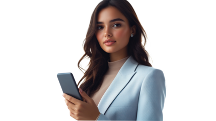 Smiling young businesswoman holding a smartphone while looking at a camera, isolated on transparent background. PNG