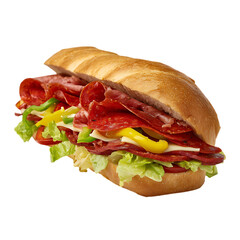A close up shot of a salami sandwich with lettuce and peppers