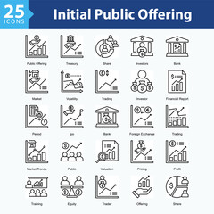 Initial Public Offering is a collection of icons in sheet format showcasing stock market activity, corporate funding, and capital growth in modern business.