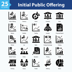 Initial Public Offering is a collection of icons in sheet format showcasing stock market activity, corporate funding, and capital growth in modern business.