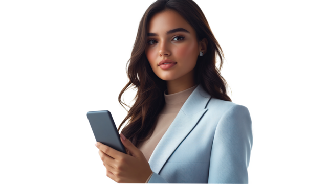 Smiling young businesswoman holding a smartphone while looking at a camera, isolated on transparent background. PNG - Powered by Adobe
