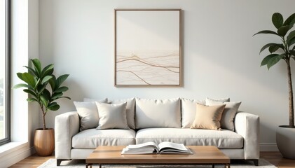 Elegant line art in a simple frame above a coffee table with books , reading, quiet, shelf