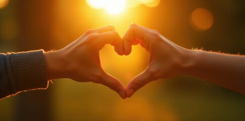 Intertwined hands form hearts, bathed in golden sunlight, light, outdoor