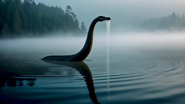 Silhouette of Loch Ness monster gliding through calm foggy lake in morning light