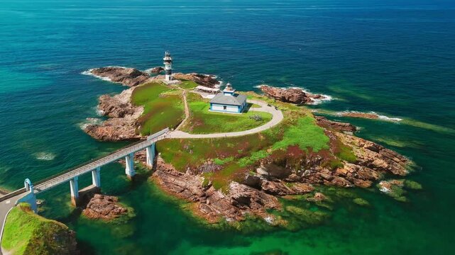 Aerial view of Faro de Ribadeo lighthouse in Lugo, Galicia, Spain.
