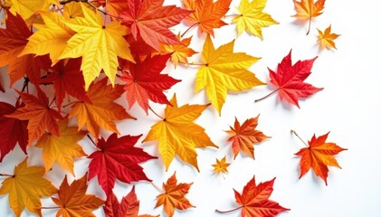 Fototapeta premium Pile of vibrant brown autumn leaves on pure white, overhead view , orange, still life