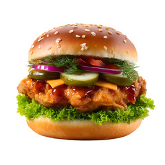Close up of a chicken burger with lettuce and various toppings